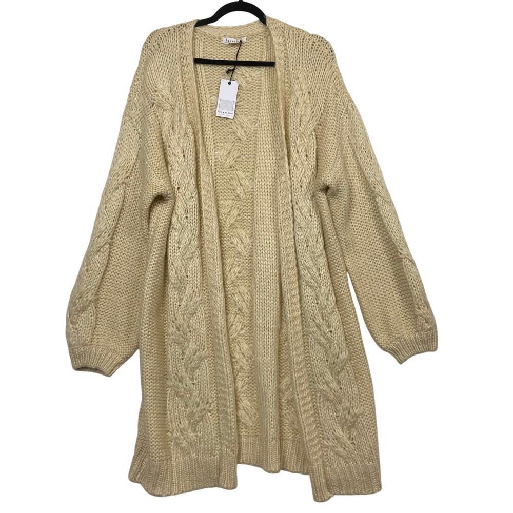 Loveriche Beige Open Front Cable Knit Longline Duster Cardigan Sweater NWT
